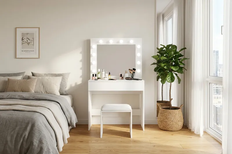 Glow Litet sminkbord 80 cm med spegel lådor och pall -  LED Belysning - Vit - Möbler - Bord & matgrupper - Sminkbord & toalettbord