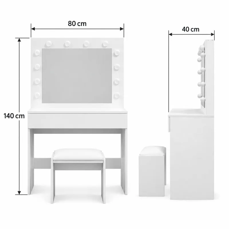 Glow Litet sminkbord 80 cm med spegel lådor och pall -  LED Belysning - Vit - Möbler - Bord & matgrupper - Sminkbord & toalettbord