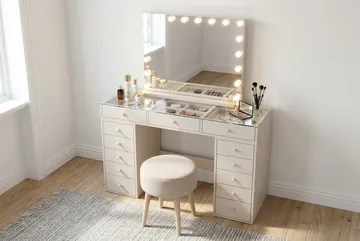 Glow Sminkbord 120 cm med Glasskiva Förvaring och Lådor samt Spegel 80 cm med Belysning - Beige - Möbler - Bord & matgrupper - Sminkbord & toalettbord
