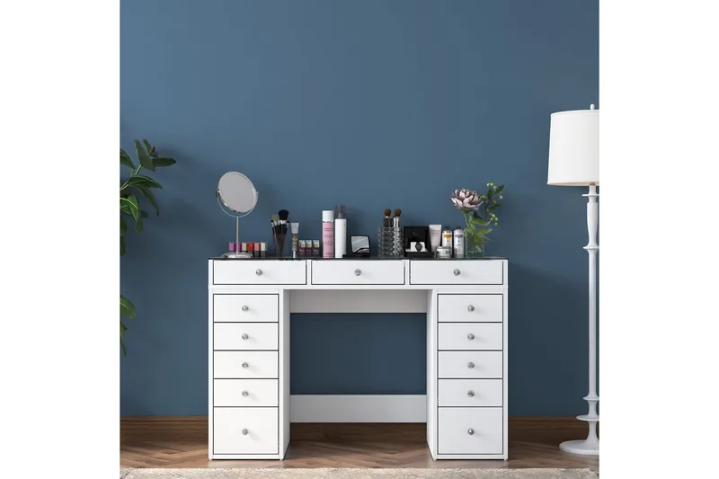 Ramender Sminkbord med förvaring Bordsskiva Glas 120 cm - Vit - Möbler - Bord & matgrupper - Sminkbord & toalettbord