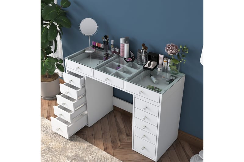 Ramender Sminkbord med förvaring Bordsskiva Glas 120 cm - Vit - Möbler - Bord & matgrupper - Sminkbord & toalettbord