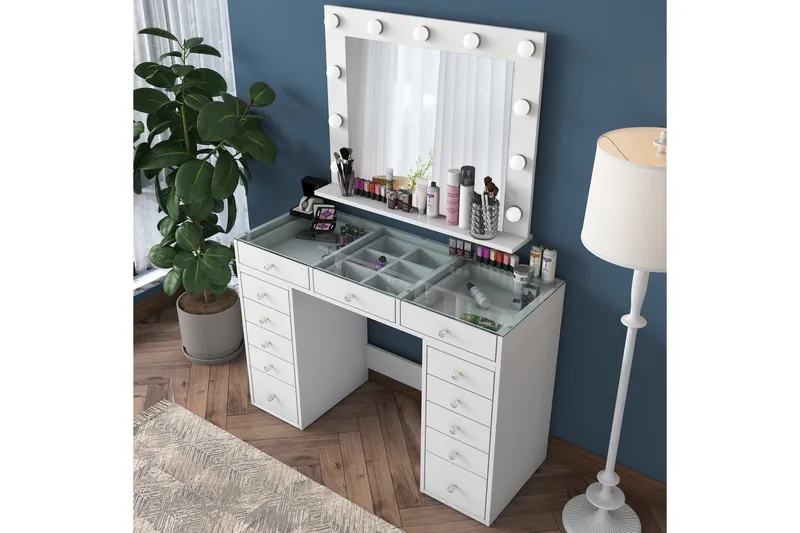 Ramender Stort Sminkbord med spegel och lampor med förvaring - Glas / Vit - Möbler - Bord & matgrupper - Sminkbord & toalettbord - Sminkbord med spegel