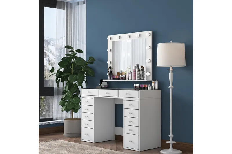 Ramender Stort Sminkbord med spegel och lampor med förvaring - Glas / Vit - Möbler - Bord & matgrupper - Sminkbord & toalettbord - Sminkbord med spegel