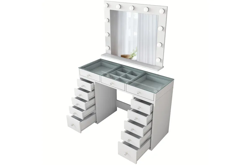 Ramender Stort Sminkbord med spegel och lampor med förvaring - Glas / Vit - Möbler - Bord & matgrupper - Sminkbord & toalettbord - Sminkbord med spegel