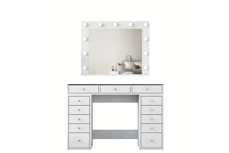 Ramender Stort Sminkbord med spegel och lampor med förvaring - Glas / Vit - Möbler - Bord & matgrupper - Sminkbord & toalettbord - Sminkbord med spegel