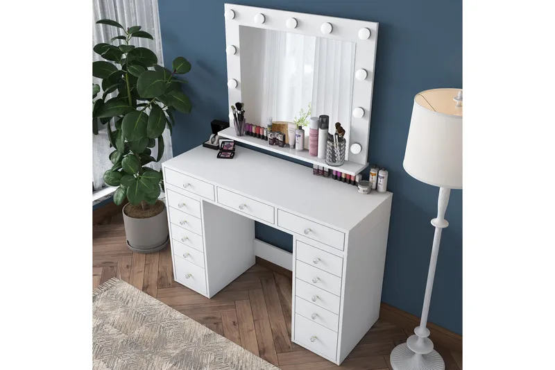 Ramender Stort Sminkbord med spegel och lampor med förvaring - Vit - Möbler - Bord & matgrupper - Sminkbord & toalettbord - Sminkbord med spegel