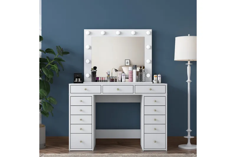 Ramender Stort Sminkbord med spegel och lampor med förvaring - Vit - Möbler - Bord & matgrupper - Sminkbord & toalettbord - Sminkbord med spegel