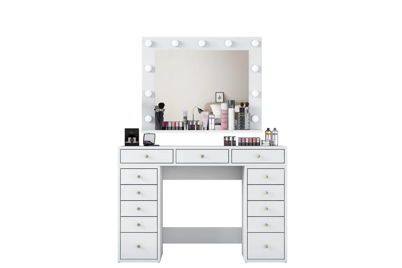 Ramender Stort Sminkbord med spegel och lampor med förvaring - Vit - Möbler - Bord & matgrupper - Sminkbord & toalettbord - Sminkbord med spegel