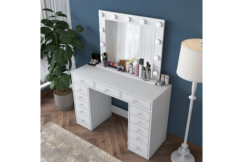 Ramender Stort Sminkbord med spegel och lampor med förvaring - Vit - Möbler - Bord & matgrupper - Sminkbord & toalettbord - Sminkbord med spegel