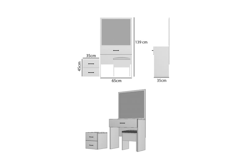 Sminkbord 93x139 cm - Vit - Sminkbord med spegel - Sminkbord barn - Sminkbord & toalettbord