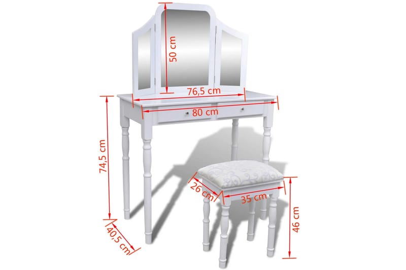 Sminkbord med 3-i-1 spegel och pall 2 lådor vit - Vit - Sminkbord & toalettbord - Sminkbord med spegel