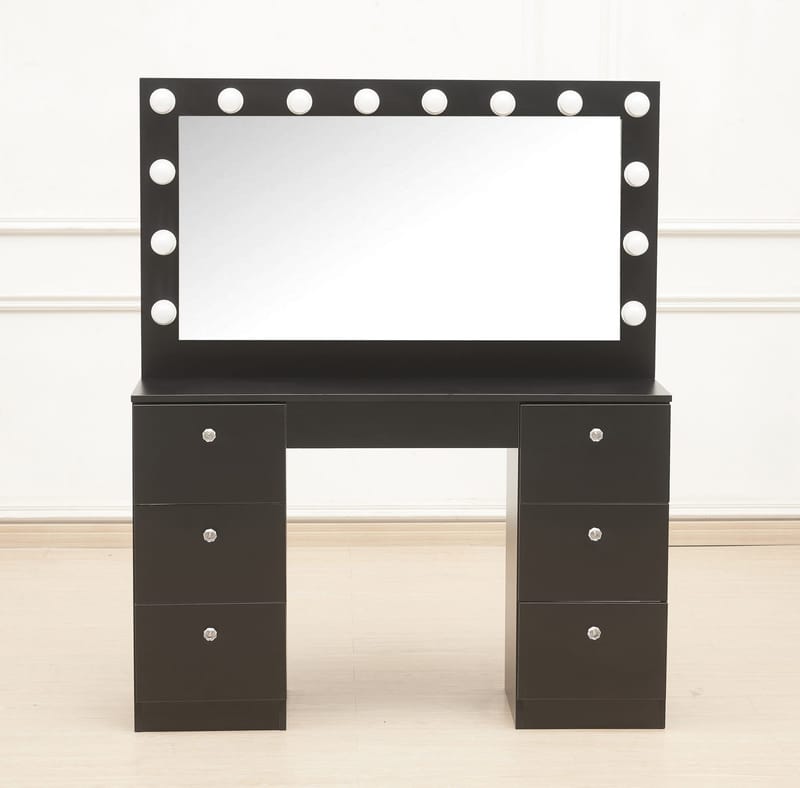 Sminkbord med belysning och kristall-handtag - Svart - Möbler - Bord & matgrupper - Sminkbord & toalettbord - Sminkbord med spegel