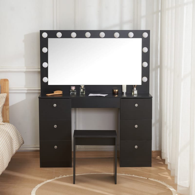Sminkbord med belysning och kristall-handtag - Svart - Möbler - Bord & matgrupper - Sminkbord & toalettbord - Sminkbord med spegel