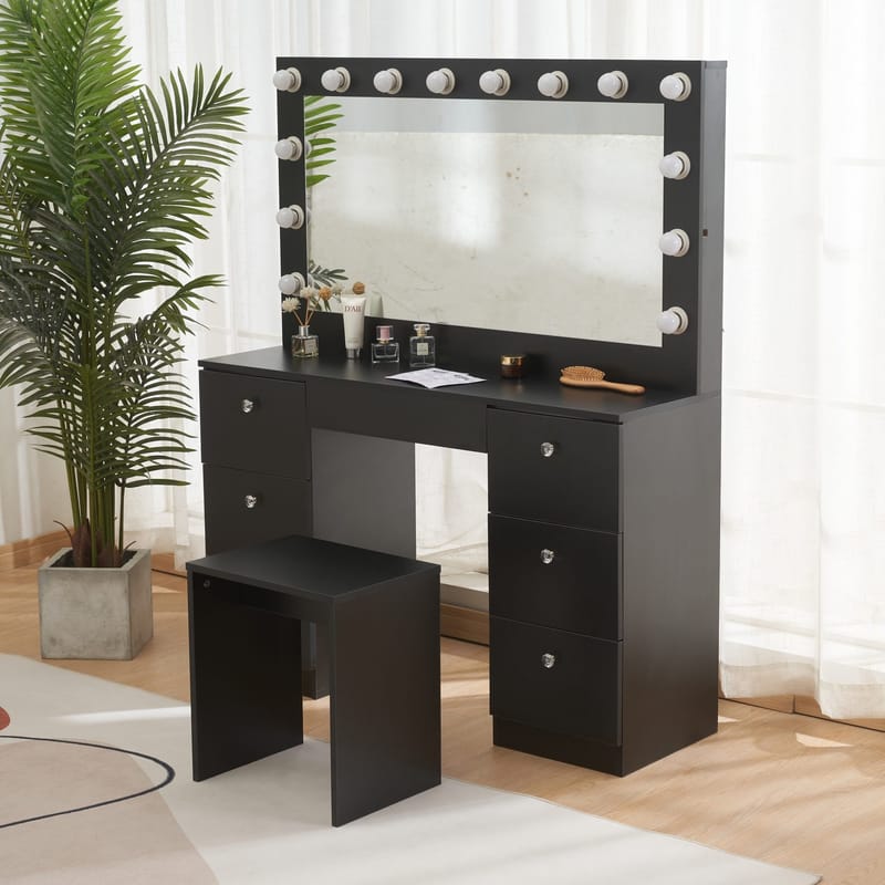 Sminkbord med belysning och kristall-handtag - Svart - Möbler - Bord & matgrupper - Sminkbord & toalettbord - Sminkbord med spegel