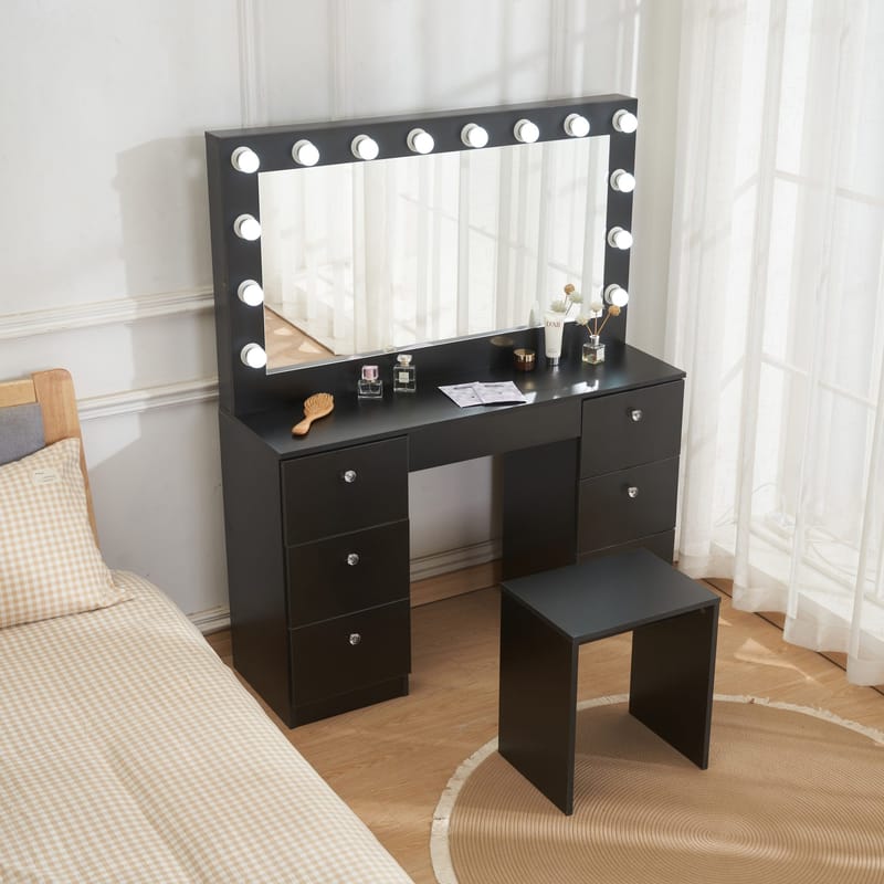 Sminkbord med belysning och kristall-handtag - Svart - Möbler - Bord & matgrupper - Sminkbord & toalettbord - Sminkbord med spegel