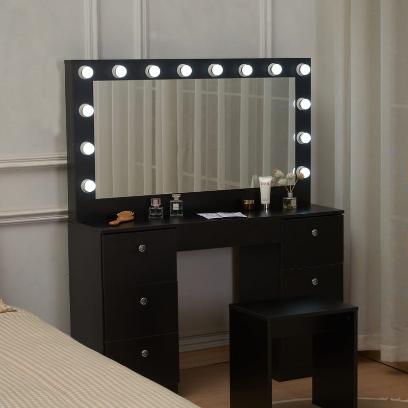 Sminkbord med belysning och kristall-handtag - Svart - Möbler - Bord & matgrupper - Sminkbord & toalettbord - Sminkbord med spegel