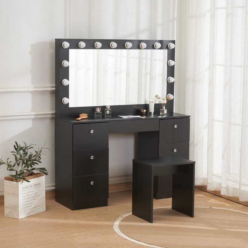Sminkbord med belysning och kristall-handtag - Svart - Möbler - Bord & matgrupper - Sminkbord & toalettbord - Sminkbord med spegel