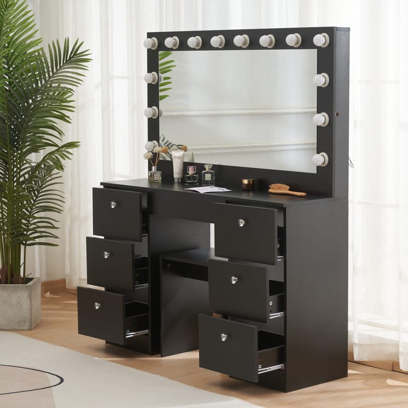 Sminkbord med belysning och kristall-handtag - Svart - Möbler - Bord & matgrupper - Sminkbord & toalettbord - Sminkbord med spegel