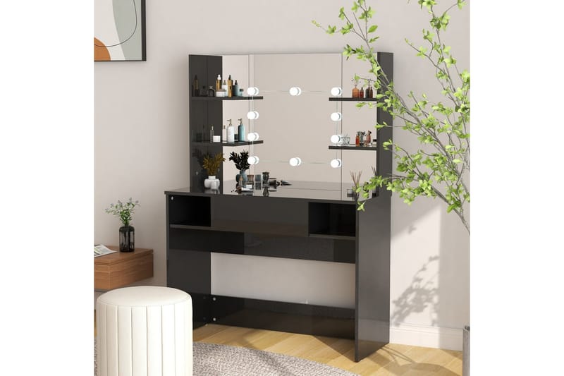 Sminkbord med LED-belysning 100x40x135 cm MDF svart glänsand - Svart - Sminkbord & toalettbord - Sminkbord med lampor - Sminkbord med spegel