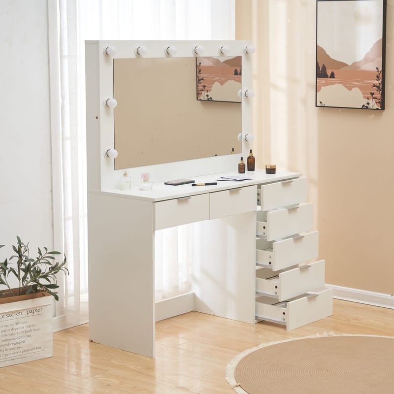 Sminkbord med spegel, belysning och förvaring - Vit - Möbler - Bord & matgrupper - Sminkbord & toalettbord - Sminkbord med spegel