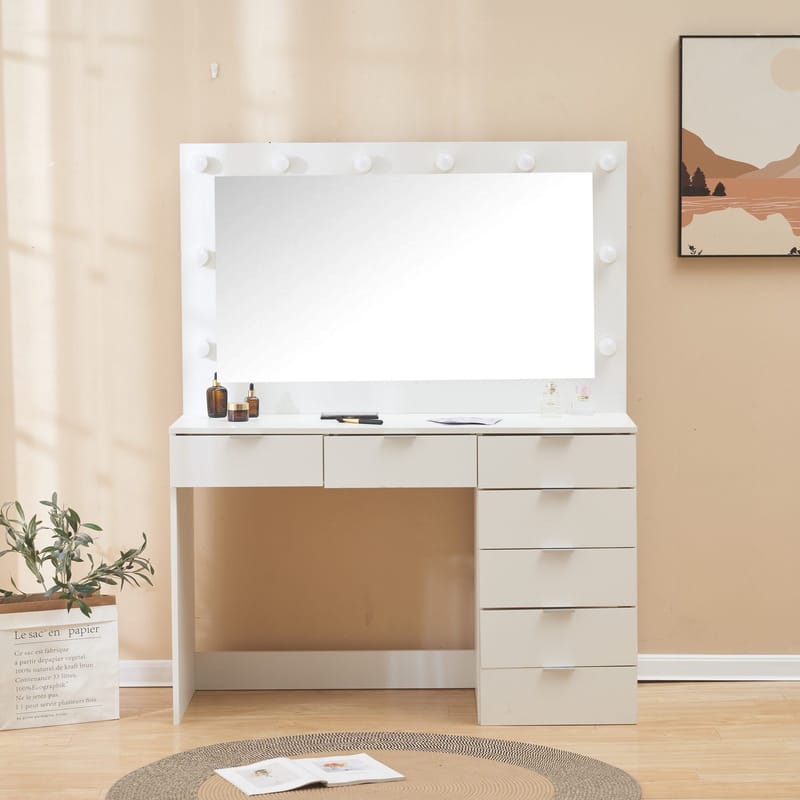 Sminkbord med spegel, belysning och förvaring - Vit - Möbler - Bord & matgrupper - Sminkbord & toalettbord - Sminkbord med spegel