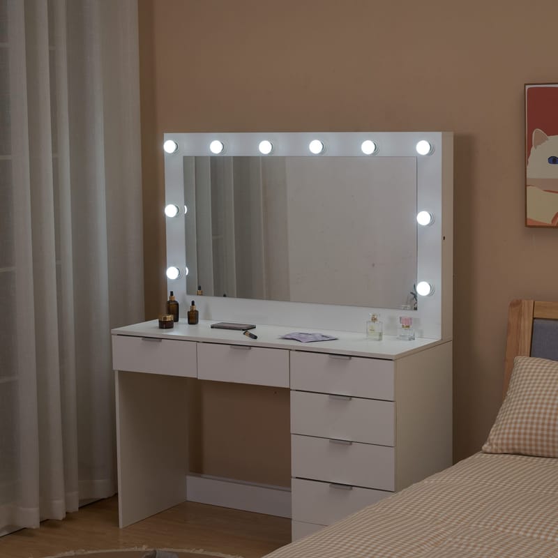 Sminkbord med spegel, belysning och förvaring - Vit - Möbler - Bord & matgrupper - Sminkbord & toalettbord - Sminkbord med spegel