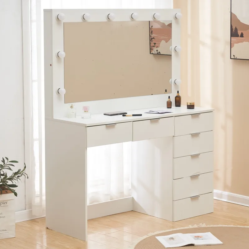 Sminkbord med spegel, belysning och förvaring - Vit - Möbler - Bord & matgrupper - Sminkbord & toalettbord - Sminkbord med spegel