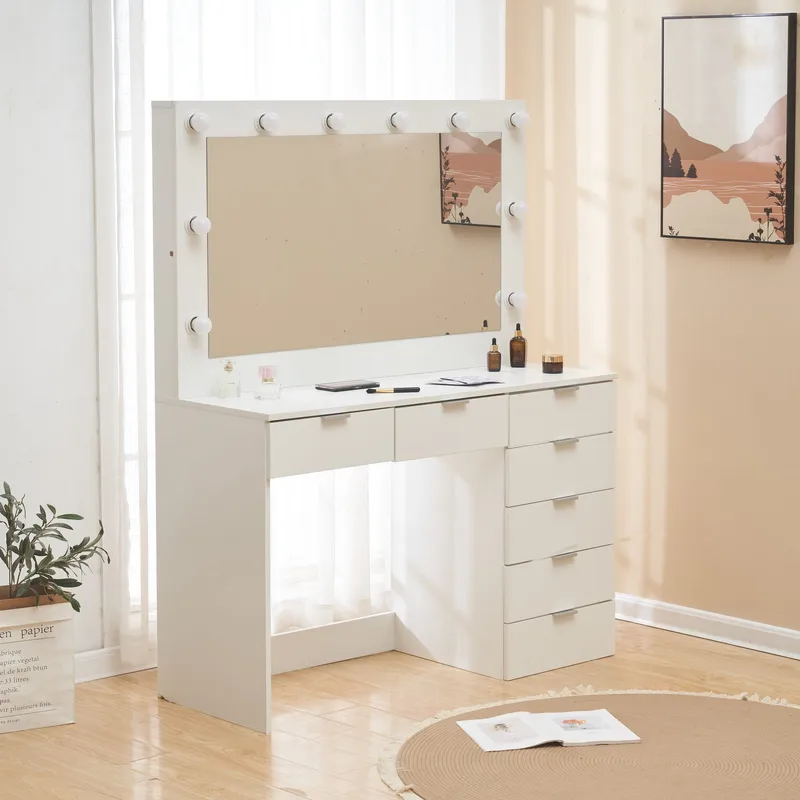 Sminkbord med spegel, belysning och förvaring - Vit - Möbler - Bord & matgrupper - Sminkbord & toalettbord - Sminkbord med spegel