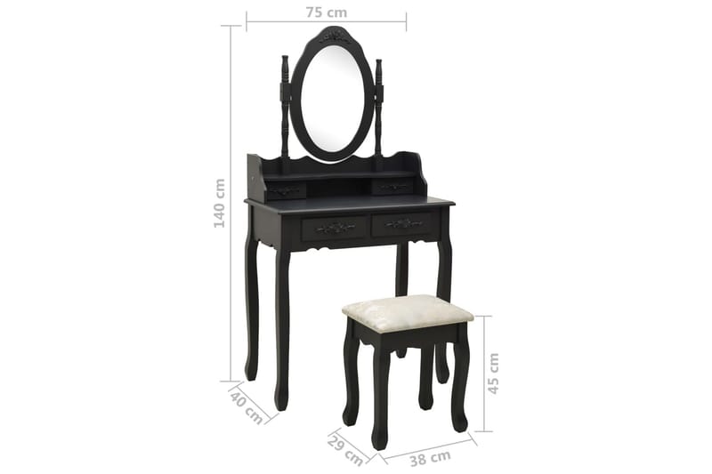 Sminkbord med pall svart 75x69x140 cm paulowniaträ - Svart - Möbler - Bord & matgrupper - Sminkbord & toalettbord