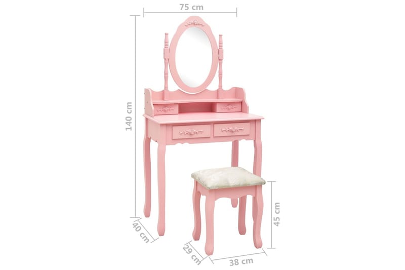 Sminkbord med pall rosa 75x69x140 cm paulowniaträ - Rosa - Möbler - Bord & matgrupper - Sminkbord & toalettbord