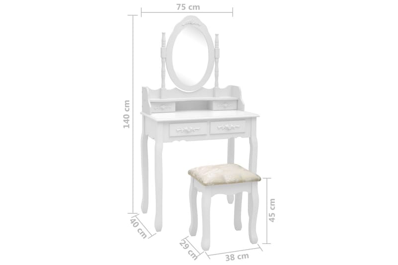 Sminkbord med pall vit 75x69x140 cm paulowniaträ - Vit - Sminkbord & toalettbord - Sminkbord med spegel