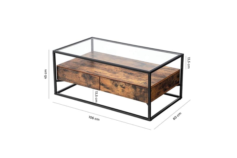 Soffbord 106 cm med Förvaring Hylla + 2 Lådor Rustik/Brun - Vasagle/Glas - Soffbord