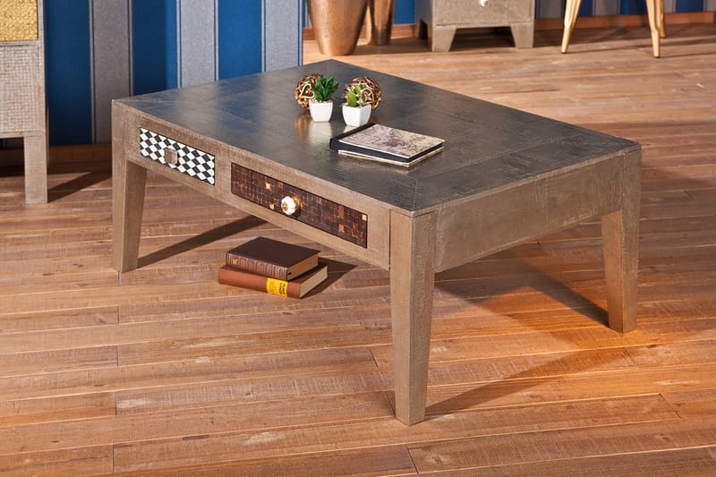 Azalea Soffbord 110 cm med Förvaring Lådor - Mangoträ/Ljusgrå - Soffbord - Soffbord med förvaring