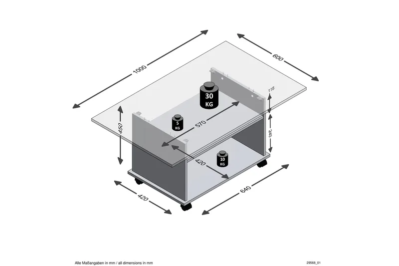 Azur Soffbord 100 cm med Förvaring Hylla på Hjul - Vit/Betonggrå - Möbler - Bord & matgrupper - Soffbord
