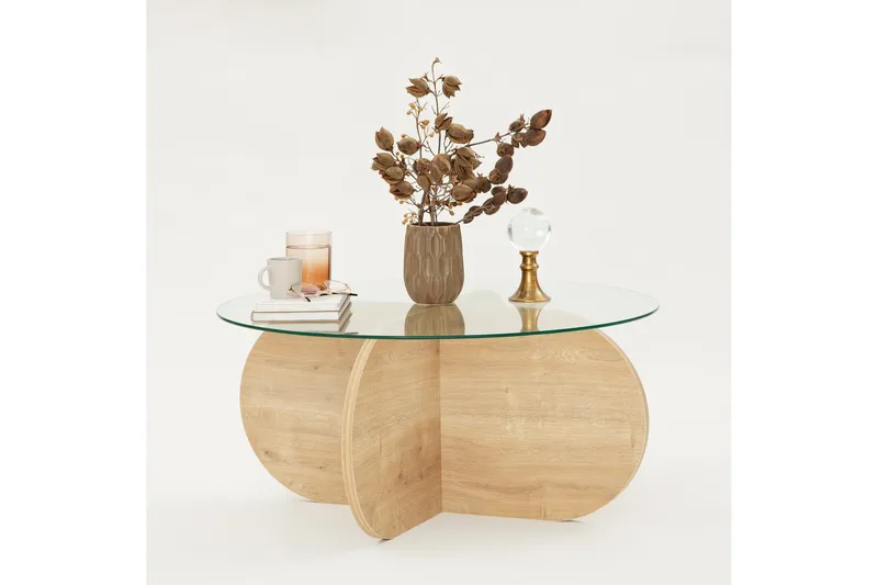 Bengul 75 cm Runt Soffbord i Glas med Träunderrede - Klar - Möbler - Bord & matgrupper - Soffbord