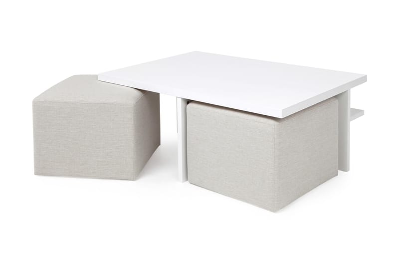 Boxy Soffbord 100 cm med 2 Pallar - Vit/Beige - Soffbord