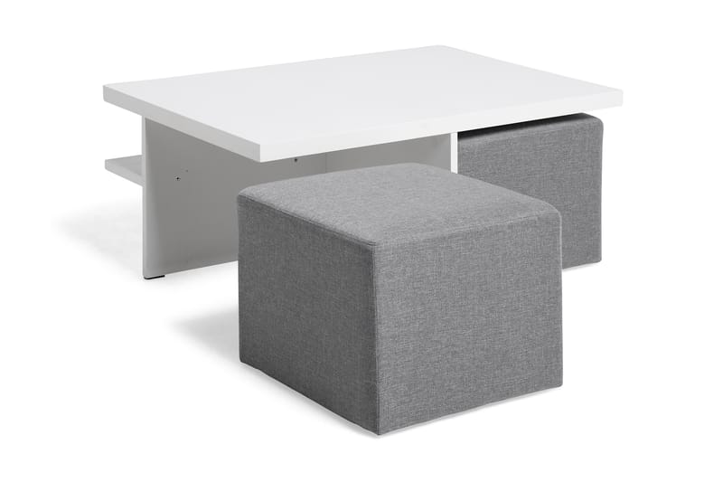Boxy Soffbord 100 cm med 2 Pallar - Vit/Ljusgrå - Soffbord