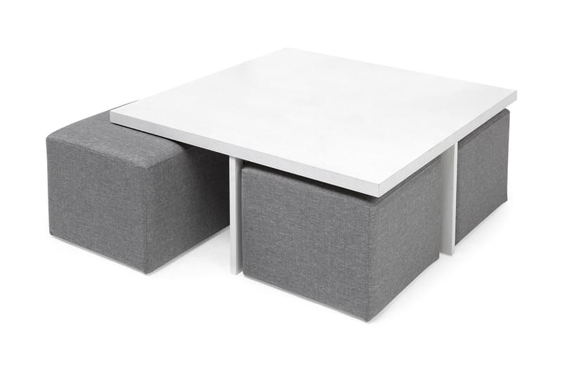Boxy Soffbord 100 cm med 4 Pallar - Vit/Ljusgrå - Soffbord