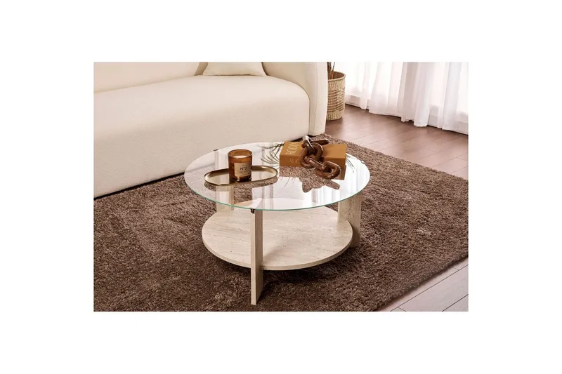 Soffbord Clara 75 cm med Glasskiva - Travertin / Transparent - Möbler - Bord & matgrupper - Soffbord