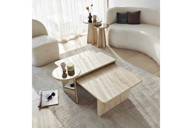 Dasina 105 cm Rektangulärt Soffbord i Trä med Förskjutna Skivor - Beige - Möbler - Bord & matgrupper - Soffbord