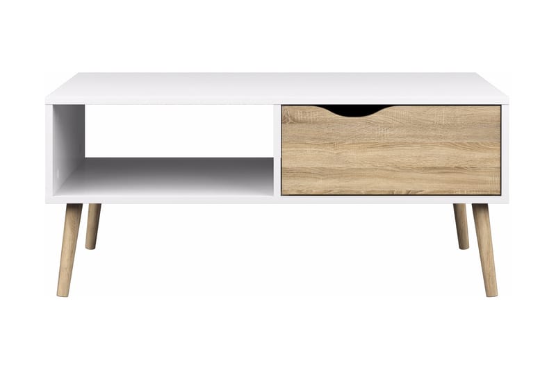 Delta Soffbord 99 cm med Förvaring Låda + Hylla - Vit/Ekfärg - Soffbord
