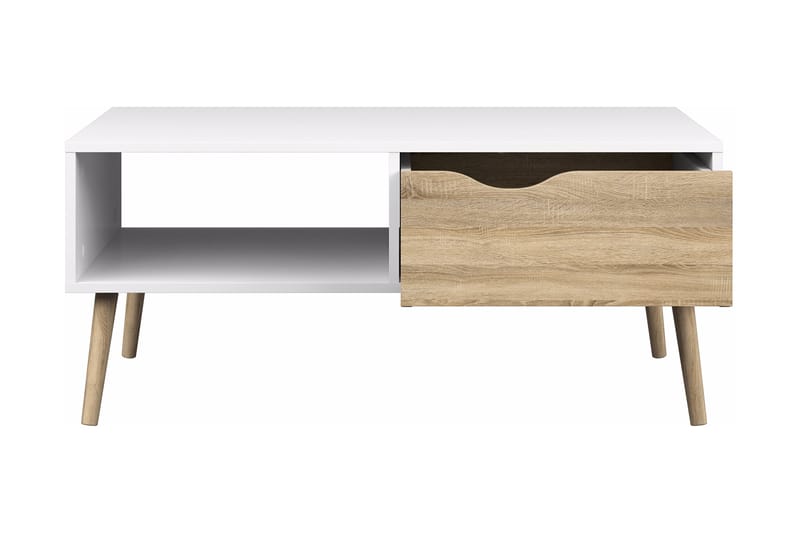 Delta Soffbord 99 cm med Förvaring Låda + Hylla - Vit/Ekfärg - Soffbord