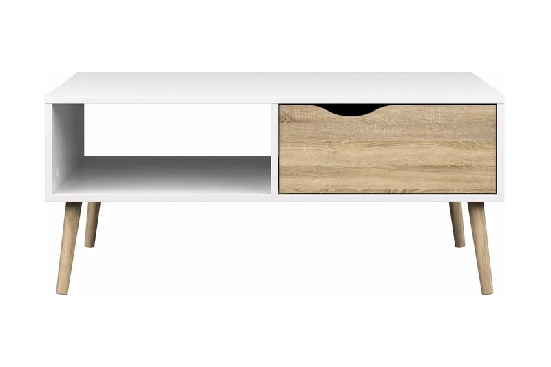 Delta Soffbord 99 cm med Förvaring Låda + Hylla, Vit/Ekfärg
