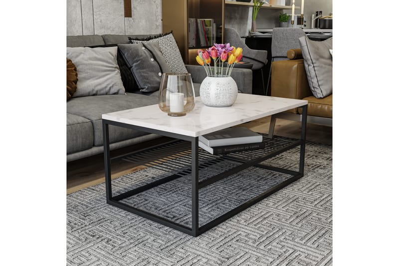 Emlak Soffbord 95 cm Marmormönster med Förvaring Hylla - Vit/Svart - Möbler - Bord & matgrupper - Soffbord