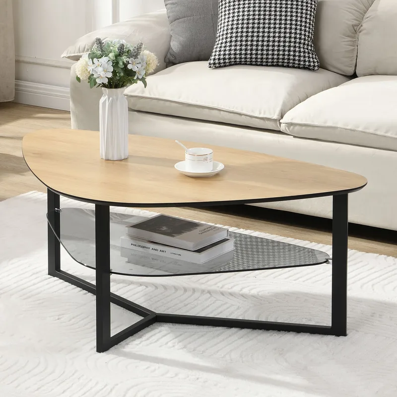 Erlona Soffbord 110 cm njurformat med eklook, glashylla och metallstomme - eklook / svart - Möbler - Bord & matgrupper - Soffbord - Soffbord med förvaring