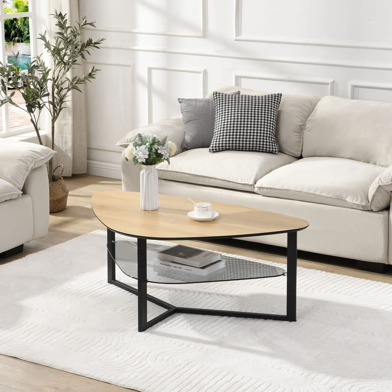 Erlona Soffbord 110 cm njurformat med eklook, glashylla och metallstomme - eklook / svart - Möbler - Bord & matgrupper - Soffbord - Soffbord med förvaring