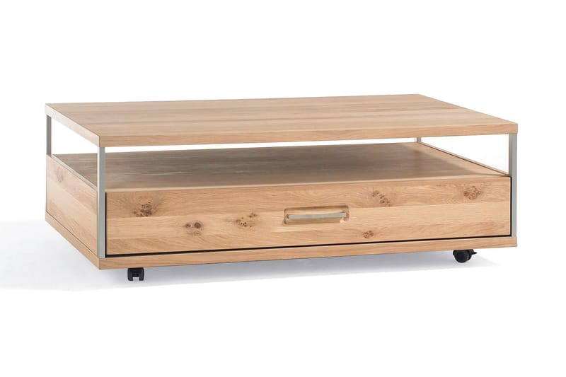 Espero Soffbord 115 cm med Förvaring Hylla + Lådapå Hjul - Ek/Brun - Soffbord - Soffbord med hjul