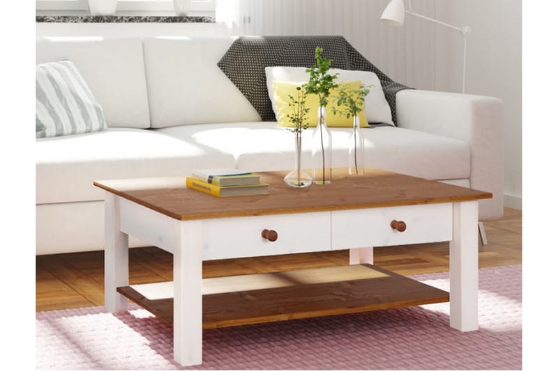 Evonne Soffbord 100 cm med Förvaring 2 Lådor + Hylla - Vit/Brun - Möbler - Bord & matgrupper - Soffbord