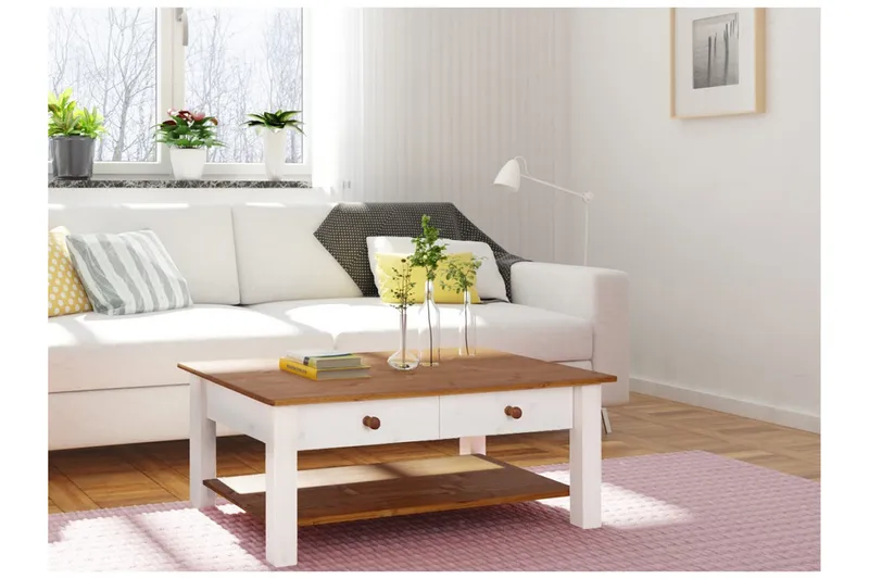 Evonne Soffbord 100 cm med Förvaring 2 Lådor + Hylla - Vit/Brun - Möbler - Bord & matgrupper - Soffbord