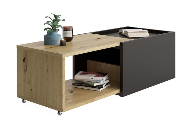 FMD Utdragbart soffbord artisan-ek och svart - Flerfärgad - Soffbord - Soffbord med hjul